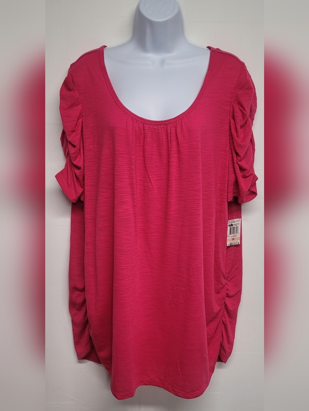 Style & Co 2X Deep Pink Top Scoop Neck Short Sleeve Gathered Slinky Stretch New